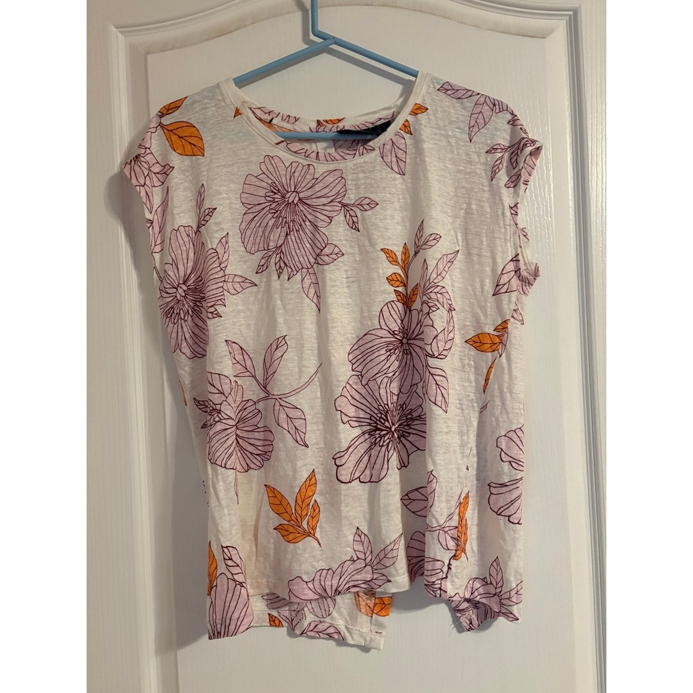 Rachel Rachel Roy Women 100% Linen Floral Button Back Sleeveless Top White Large